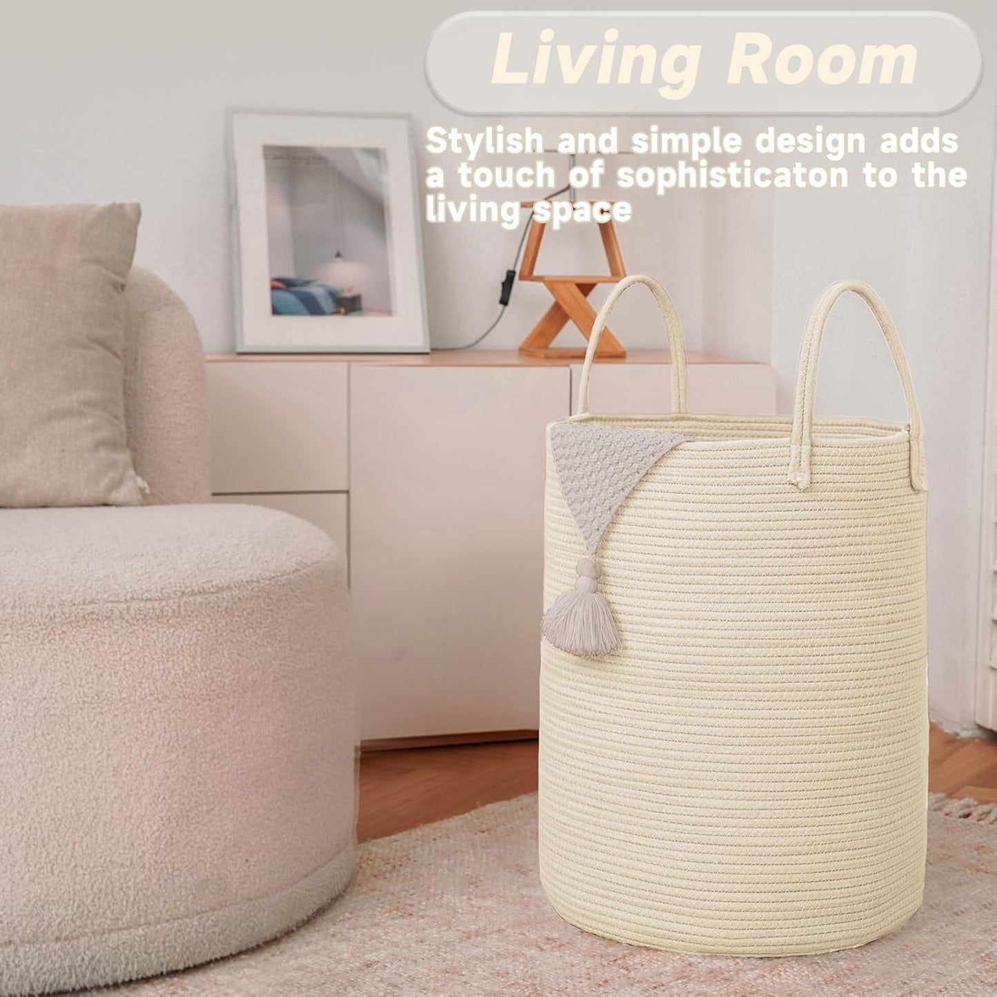 Large Woven Laundry Basket Hamper,80L Cotton Rope Storage Bin for Blankets,Toys and