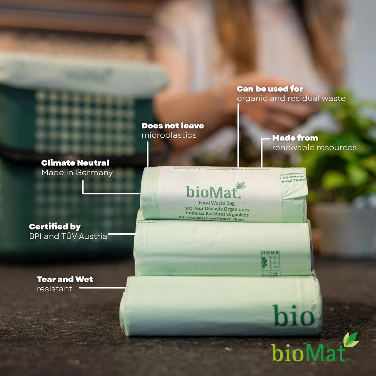 bioMat 35 Gallon Compostable Trash Bags for Lining Compost Bins, 10 Count, Biodegradable Trash Bags