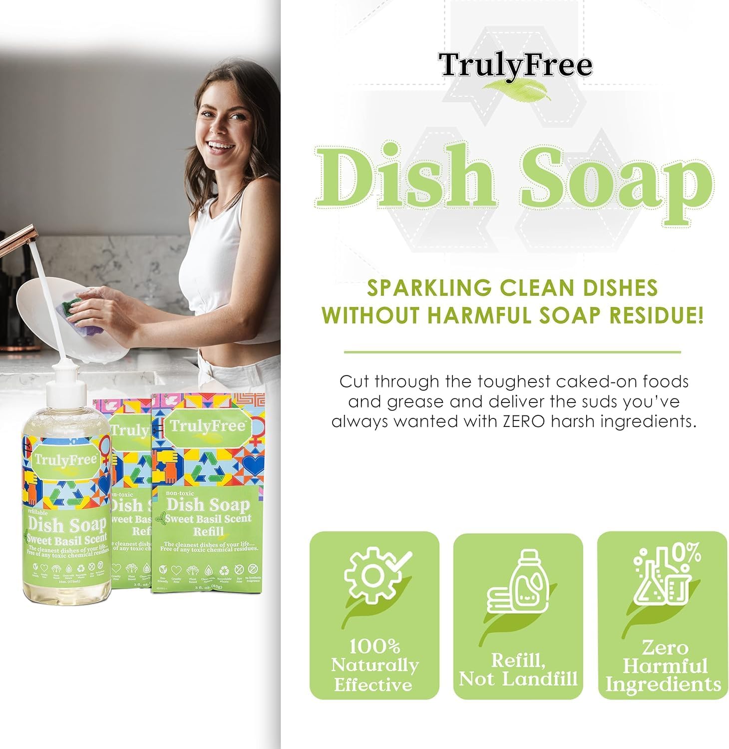 Truly Free Natural Concentrated Dish Detergent Dishwashing Liquid | Plant-Based Dish Soap | Sweet