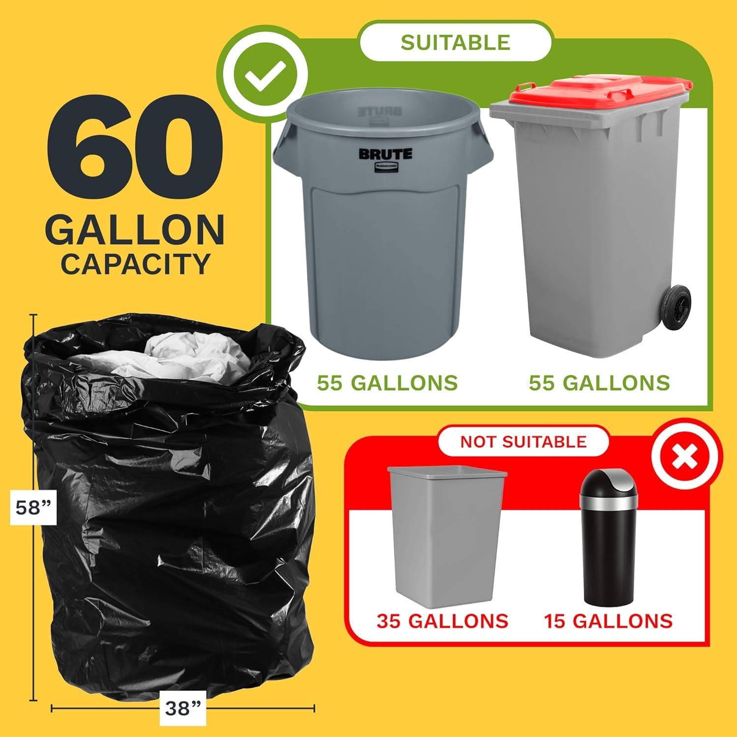 ToughBag 55 Gallon Trash Bags Heavy Duty (100 Count) - 50-60 Gallon Black Garbage Bags, Large Trash