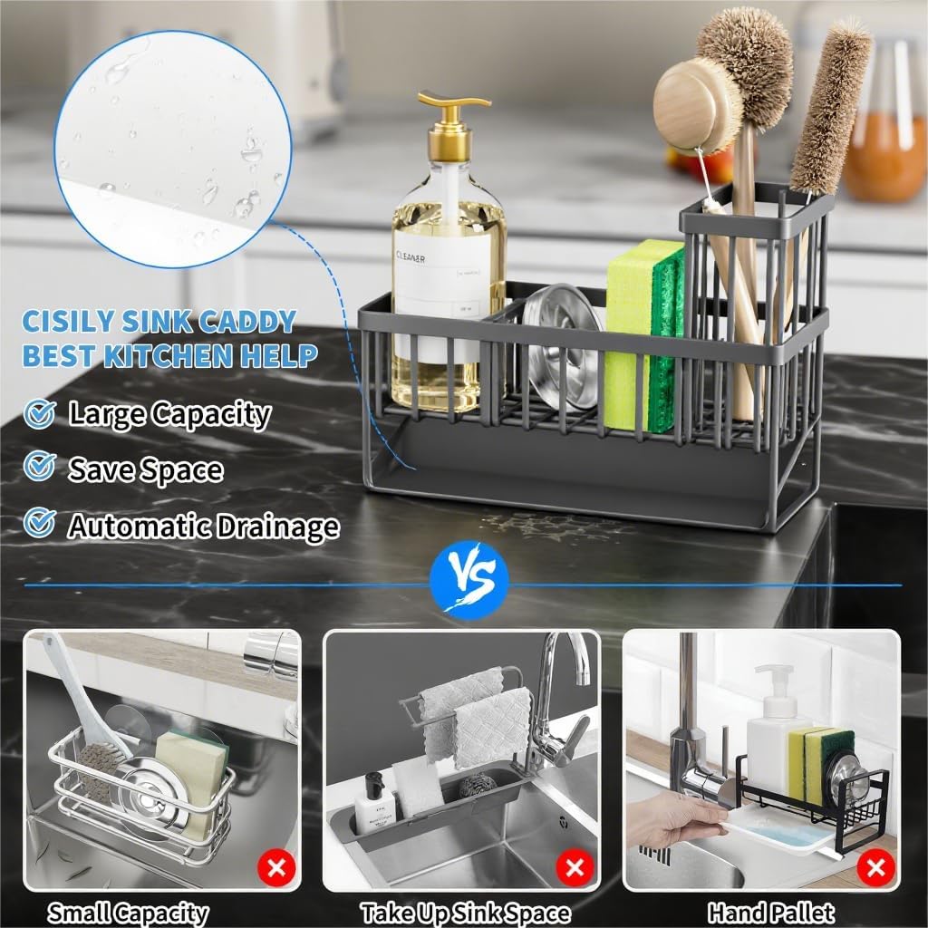 Cisily Sink Caddy Organzier with High Brush Holder, Sponge Holder for Sink, 304 Rustproof