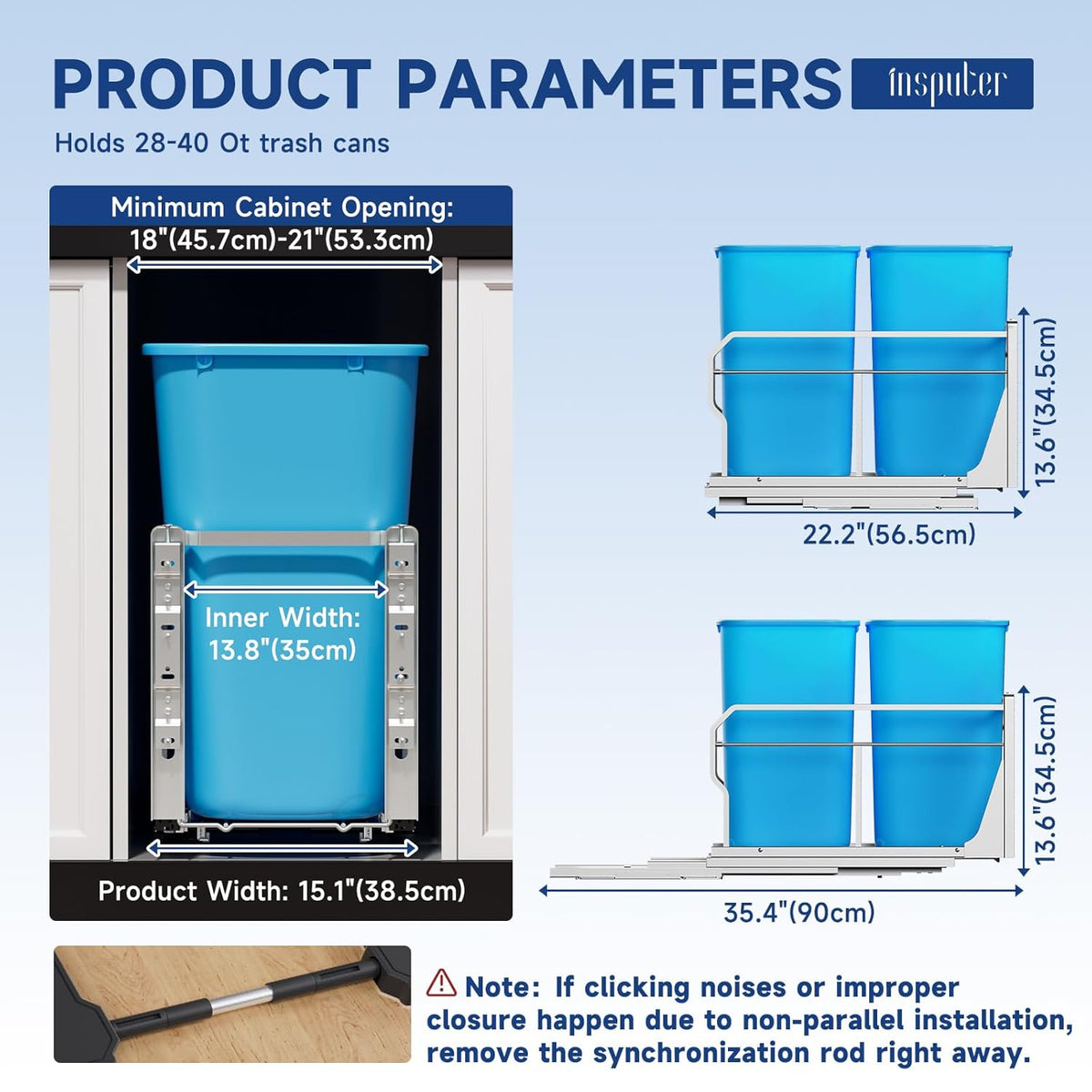 Insputer Double Pull Out Trash Can Under Cabinet with Push to Open Slides, Heavy Duty Under Sink