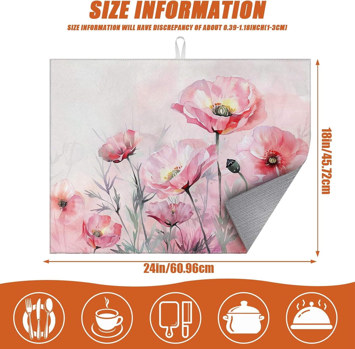 Pink Poppy Flower Dish Drying Mat for Kitchen Counter Microfiber Absorbent Dish Kitchen Drying Mat