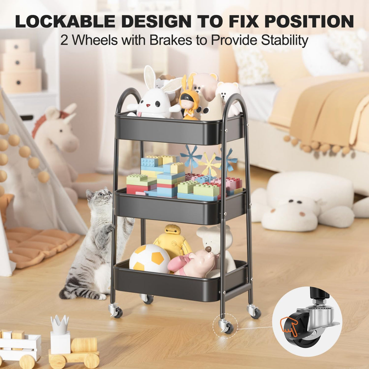 EAGMAK 3 Tier Rolling Cart, Large Metal Storage Cart with Handle and Lockable Wheels, Big