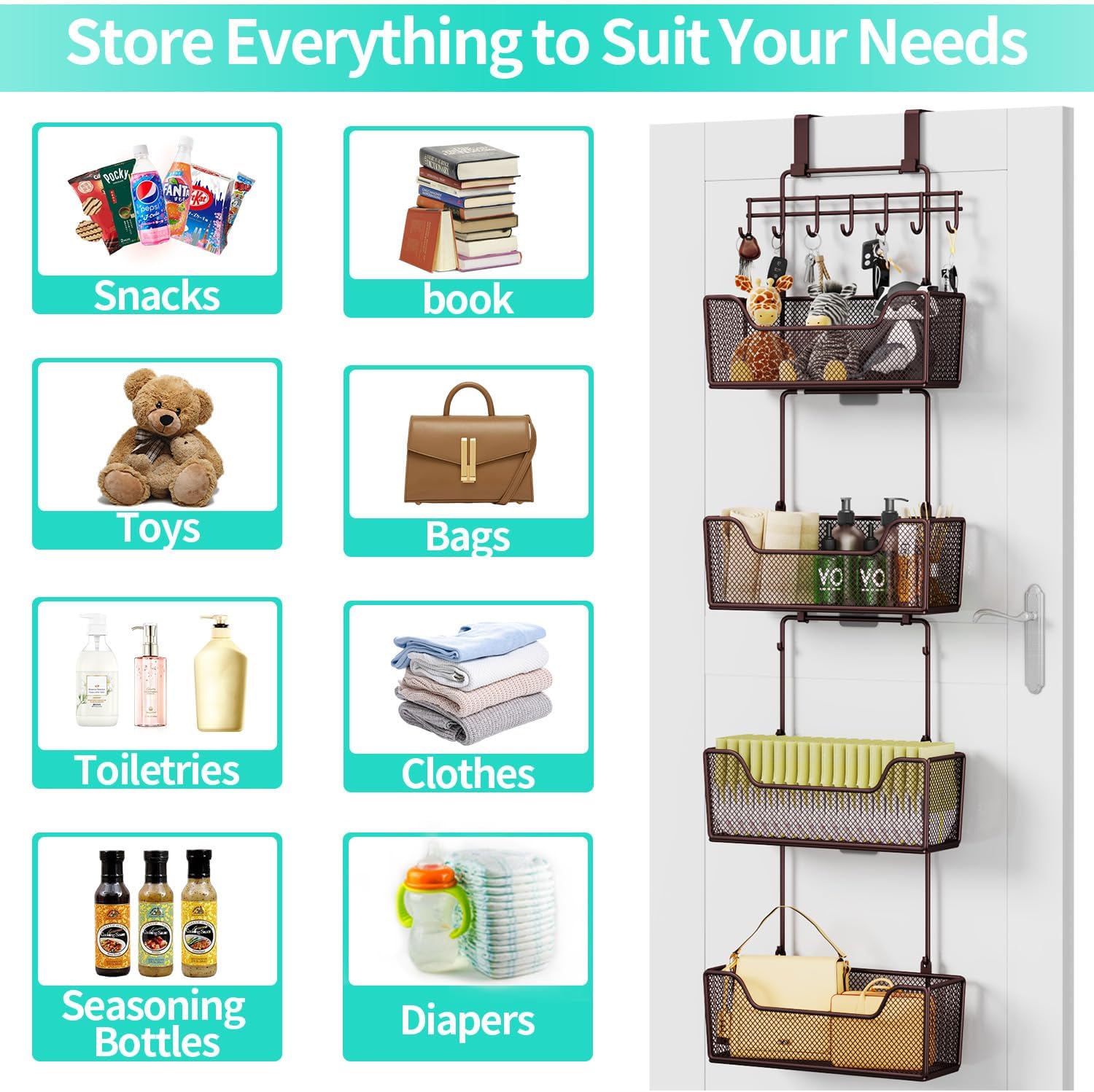 HapiRm Over The Door Organizer - Hanging Door Organizer with 4 Metal Large Capacity Baskets and