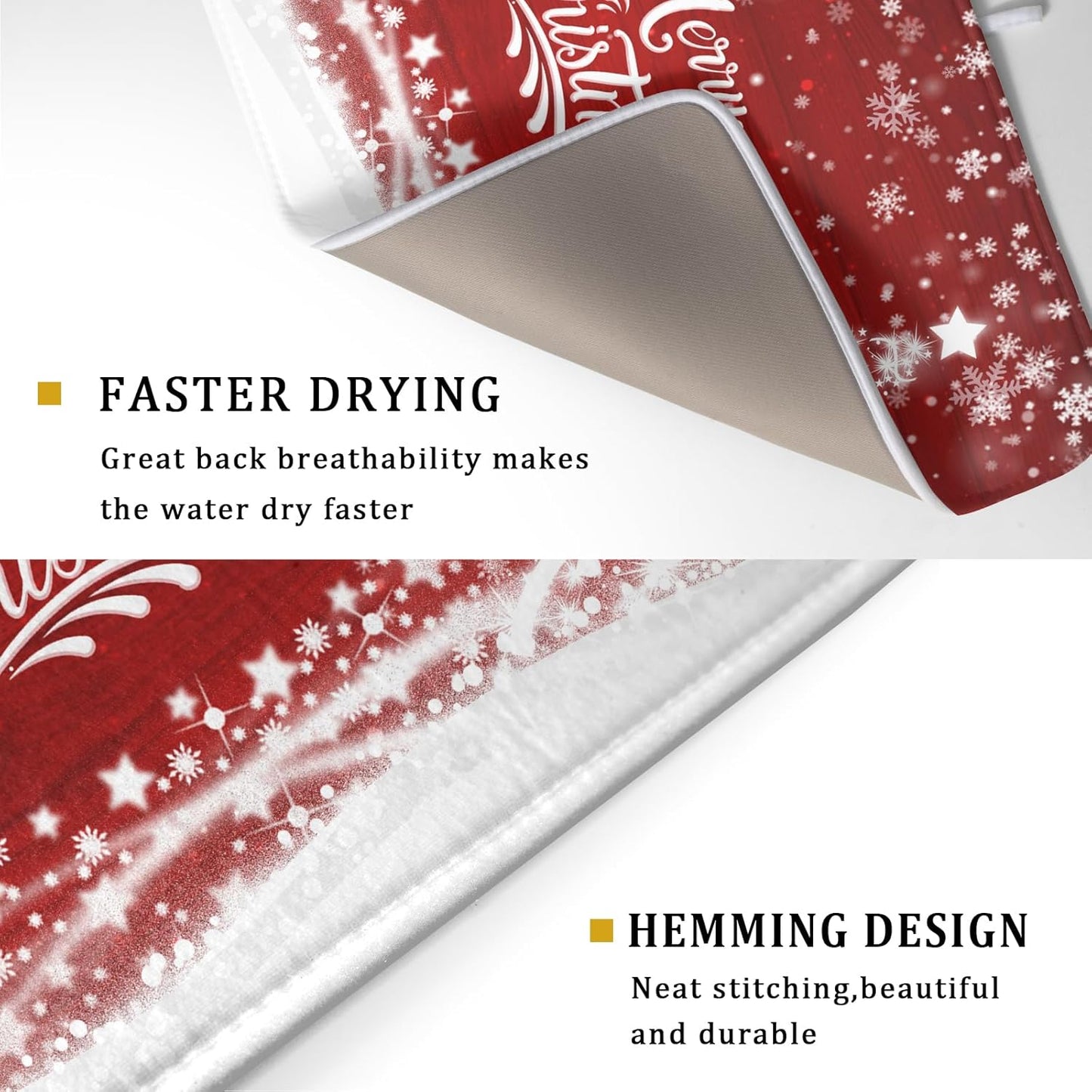 Merry Christmas Dish Drying Mat for Kitchen Counter Winter Snowflake Pine Fast Absorbent Red Drying