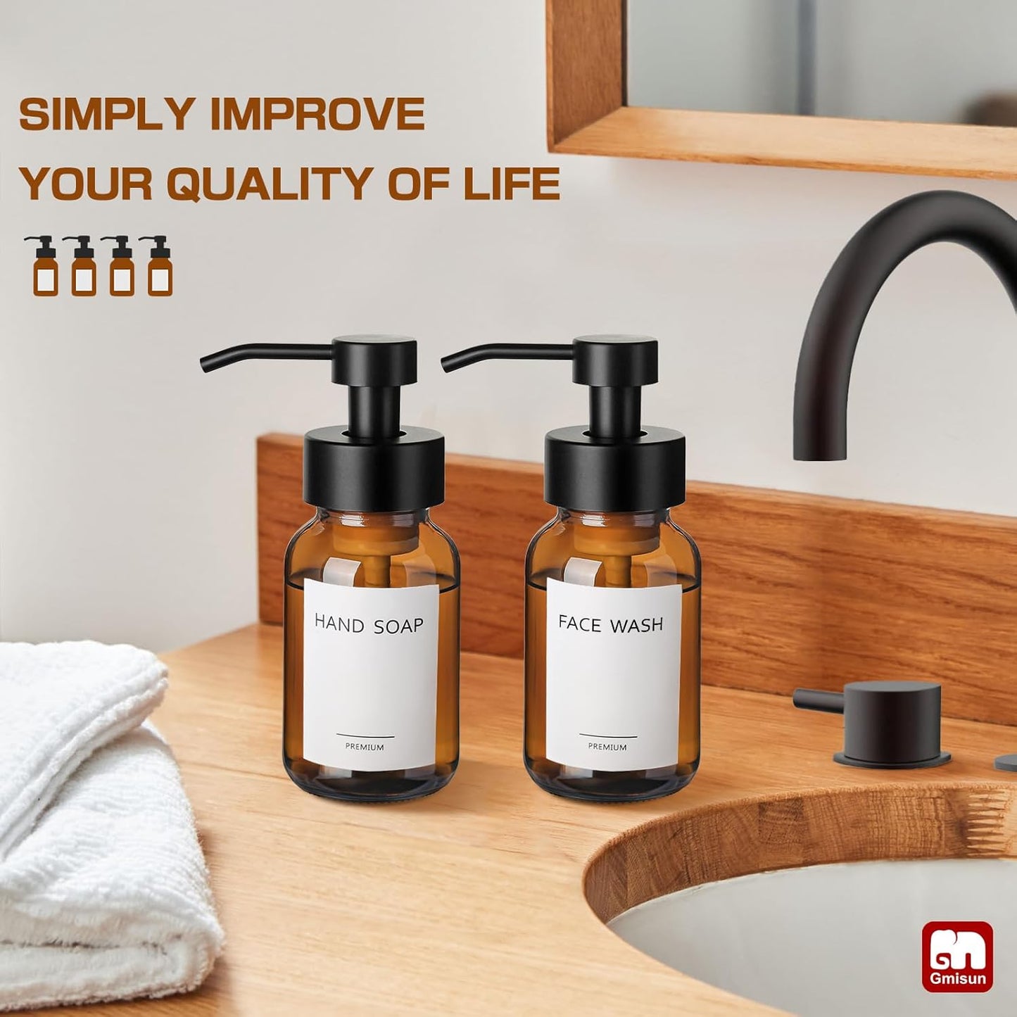 GMISUN Foaming Soap Dispenser, 4 Pcs 8.5 Fl oz Amber Glass Foam Hand Soap Dispenser for Bathroom &