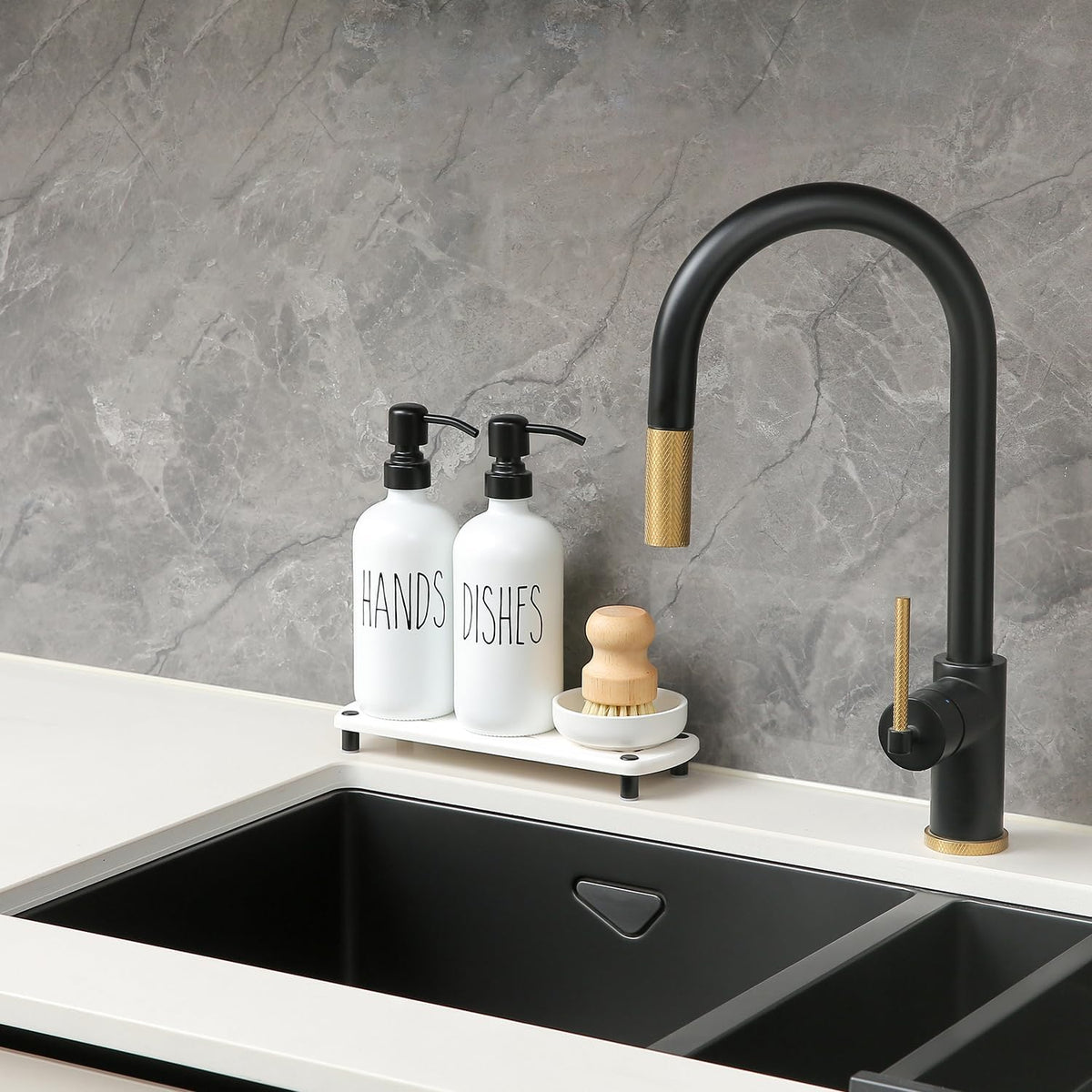 MOMEEMO White Soap Dispenser Set Comes with Stainless Steel Pumps, Instant Dry Tray, and Dish Scrub
