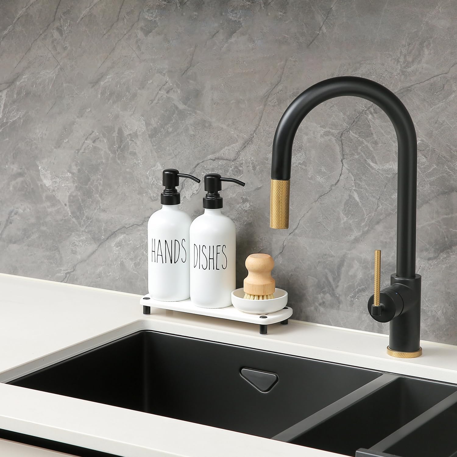 MOMEEMO White Soap Dispenser Set Comes with Stainless Steel Pumps, Instant Dry Tray, and Dish Scrub