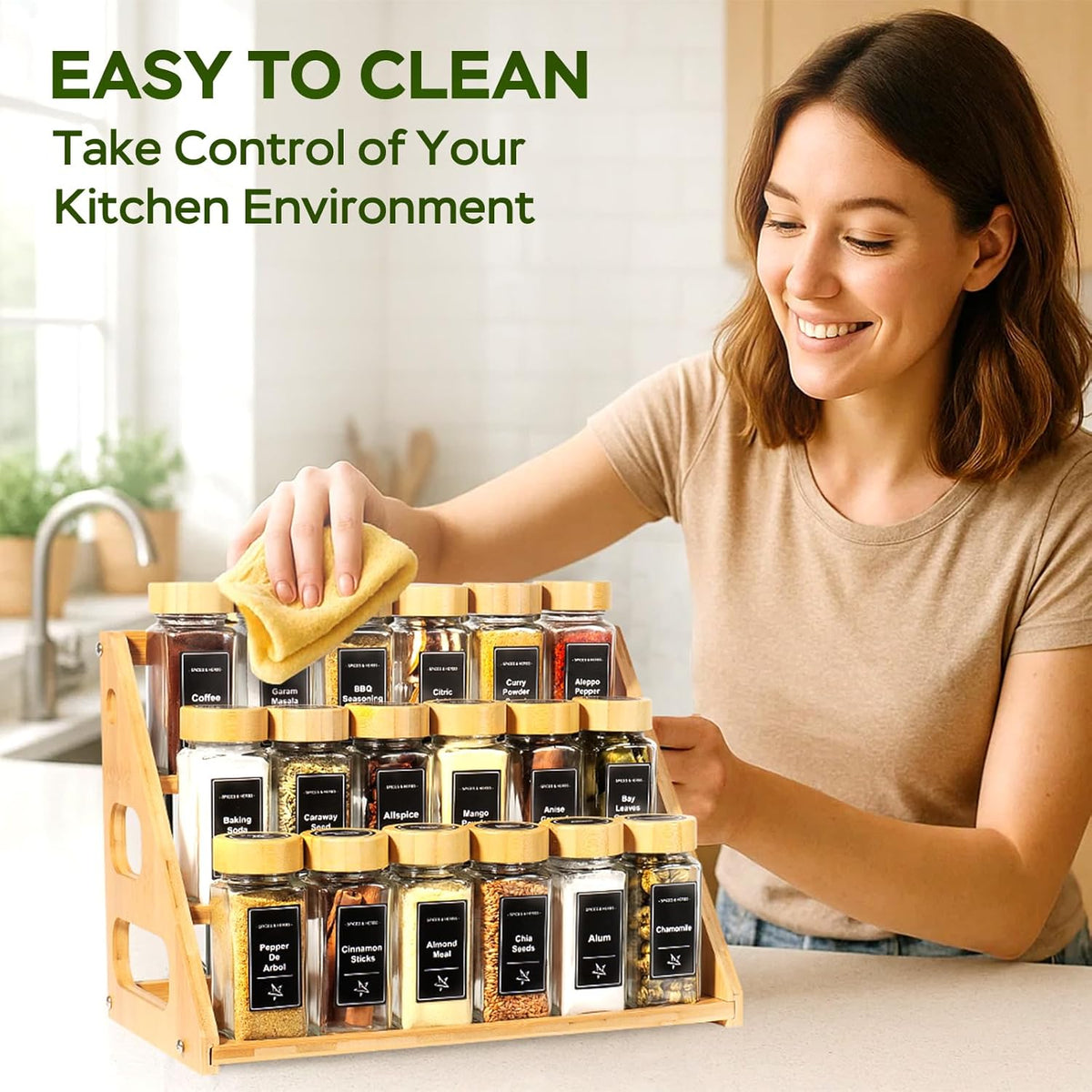 3 Tier Bamboo Spice Rack Organizer with 18 Spice Jars, 780 Labels, Wood Shelf, Chalk Marker and
