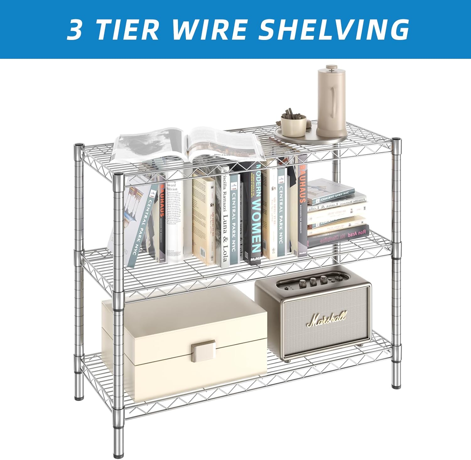 3-Shelf Adjustable Metal Shelf Wire Shelving Storage Rack for