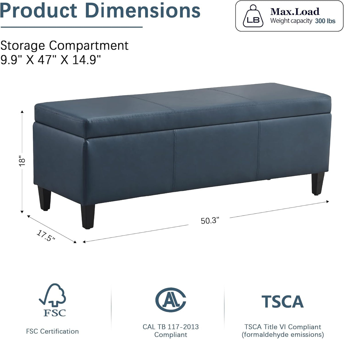 HUIMO Faux Leather Storage Ottoman Bench 50.3 Inch Extra Long PU Upholstered Bedroom Bench with