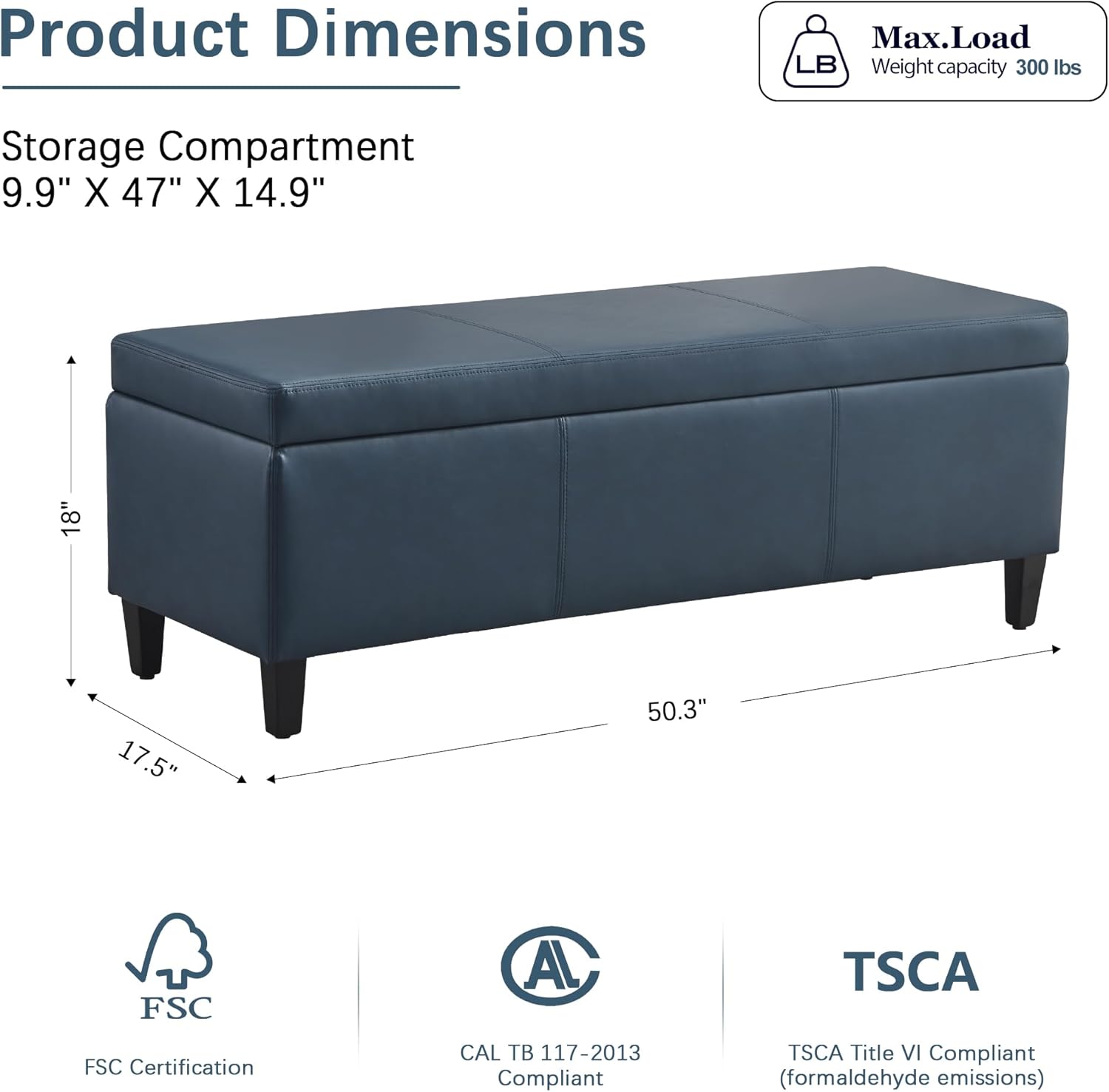 HUIMO Faux Leather Storage Ottoman Bench 50.3 Inch Extra Long PU Upholstered Bedroom Bench with