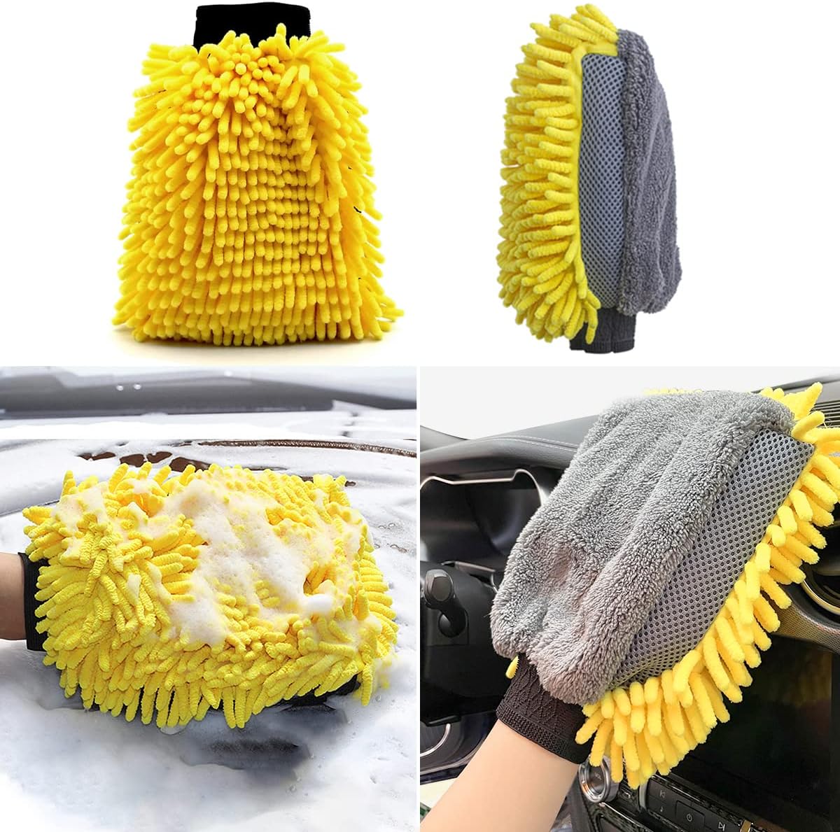 Car Wash Brush with Long Handle, Chenille Microfiber Mop Mitt with 1 Replacement Head, Wheel Brush