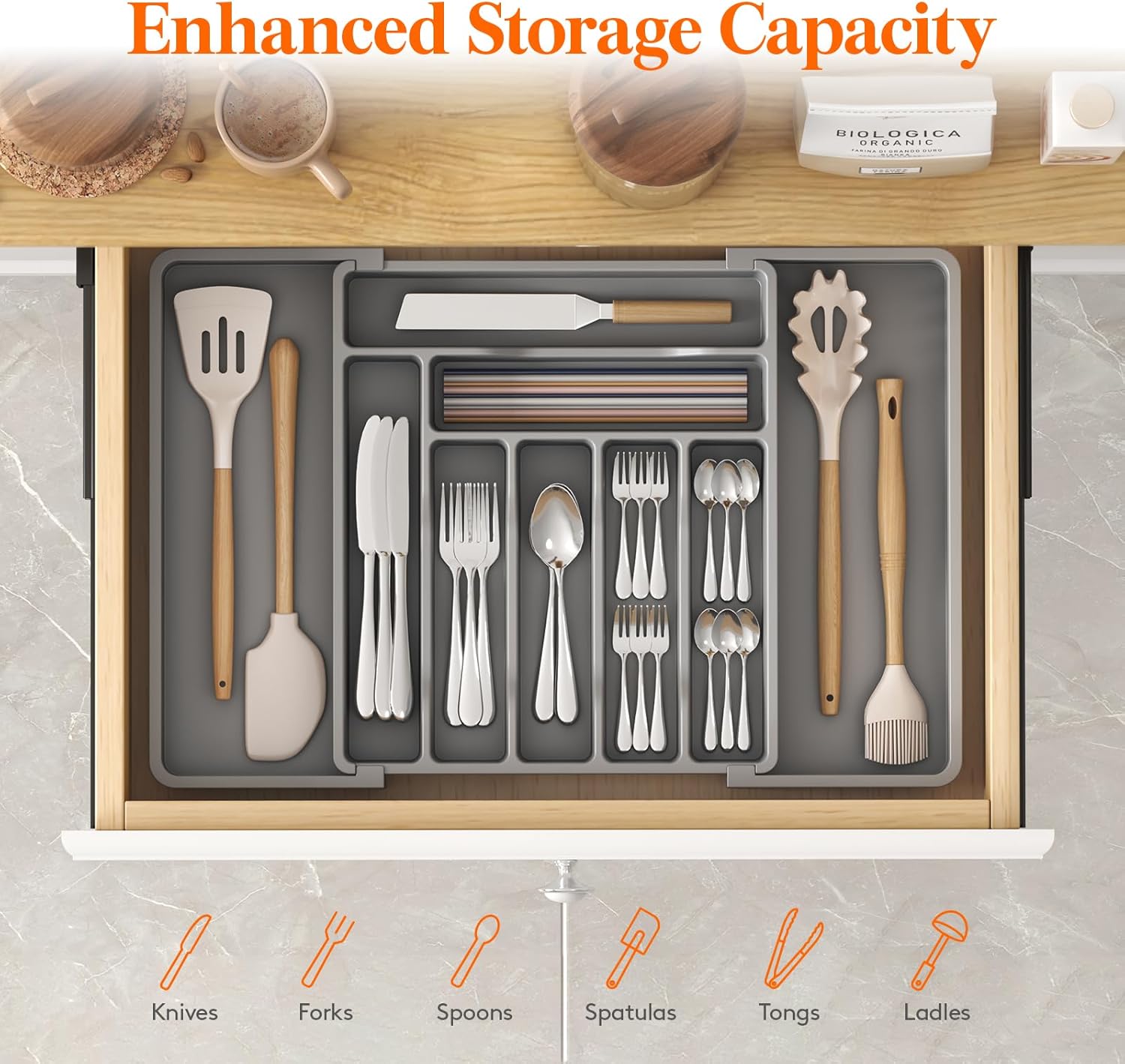 Lifewit Silverware Drawer Organizer, Expandable Utensil Organizer for Kitchen Drawers, Adjustable