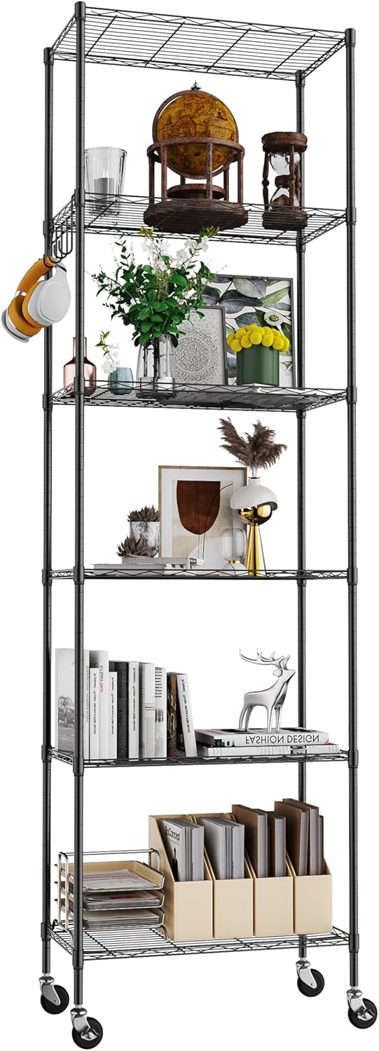 Himimi 6-Tier Storage Shelf Units, Adjustable Wire Shelving with Wheels, Metal Shelves with