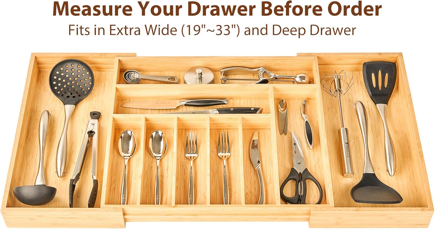 Umilife Extra Large Expandable Kitchen Siverware Utensils Drawer Organizer, 19" Deep for Big