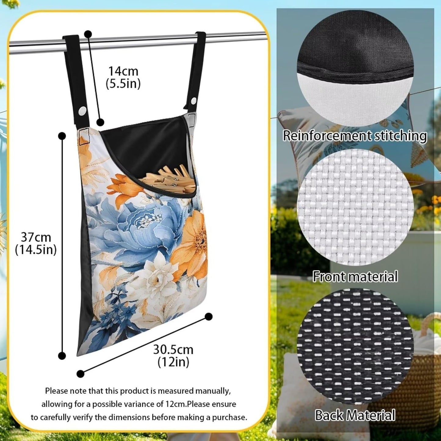 Art Flowers Clothespin Bag with Hanging Hook Summer Laundry Clothes Pin Holders Waterproof Clothes