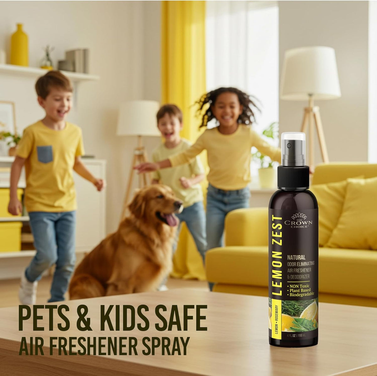 Lemon Zest Natural Air Freshener Spray for Home— Citrus Scent Non-Toxic Odor Eliminator, Long
