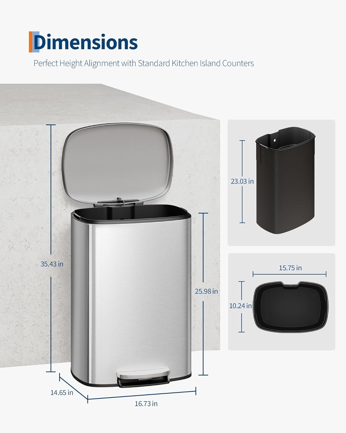 Garvee 13 Gallon / 50 Liter Stainless Steel Kitchen Trash Can with Lid, Large Rustproof Garbage Can