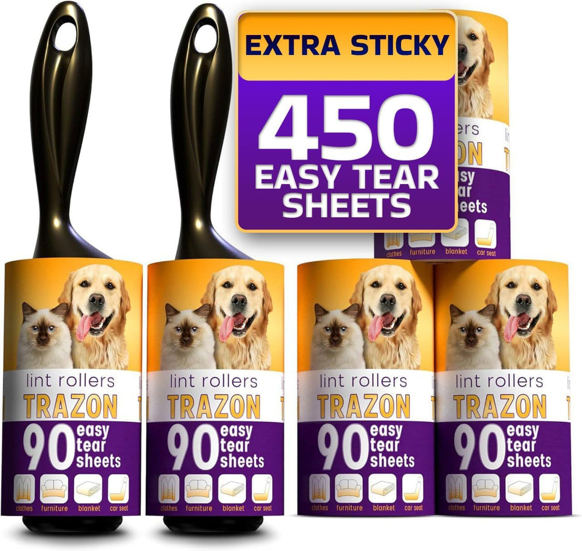 Lint Rollers Value Pack of 450 Sheets / 5 Refills, Sticky Roller, Lint Remover for Dog, Cat, Pet