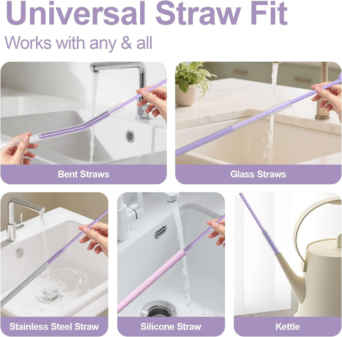 YOTIME Silicone Straw Cleaner Brush, 2 Pcs Reusable Straw Brush(6mm+9mm) for Cleaning Narrow & Wide