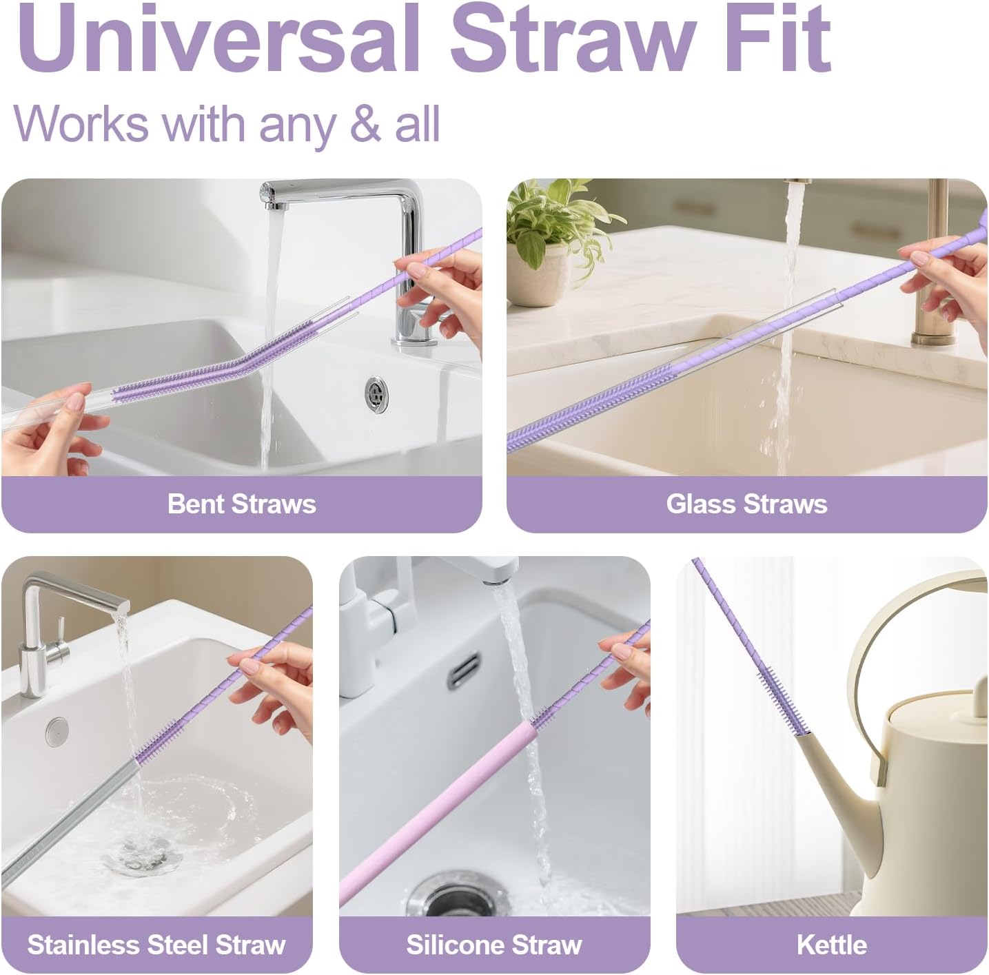YOTIME Silicone Straw Cleaner Brush, 2 Pcs Reusable Straw Brush(6mm+9mm) for Cleaning Narrow & Wide
