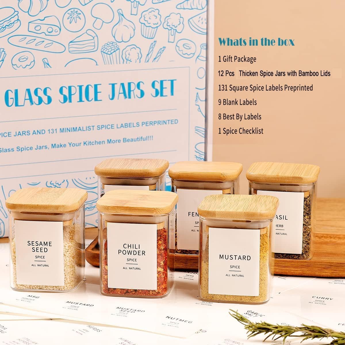 12 Pcs Square Glass Spice Jars with Natural Bamboo Lids - 5oz Airtight Herb Containers with 148