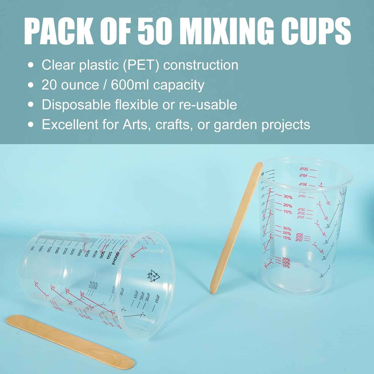 50-Pack Mixing Cups Set Paint Mixing Cups 20 oz (600ml) with 50 Wooden Sticks,Easy Measuring Ratios