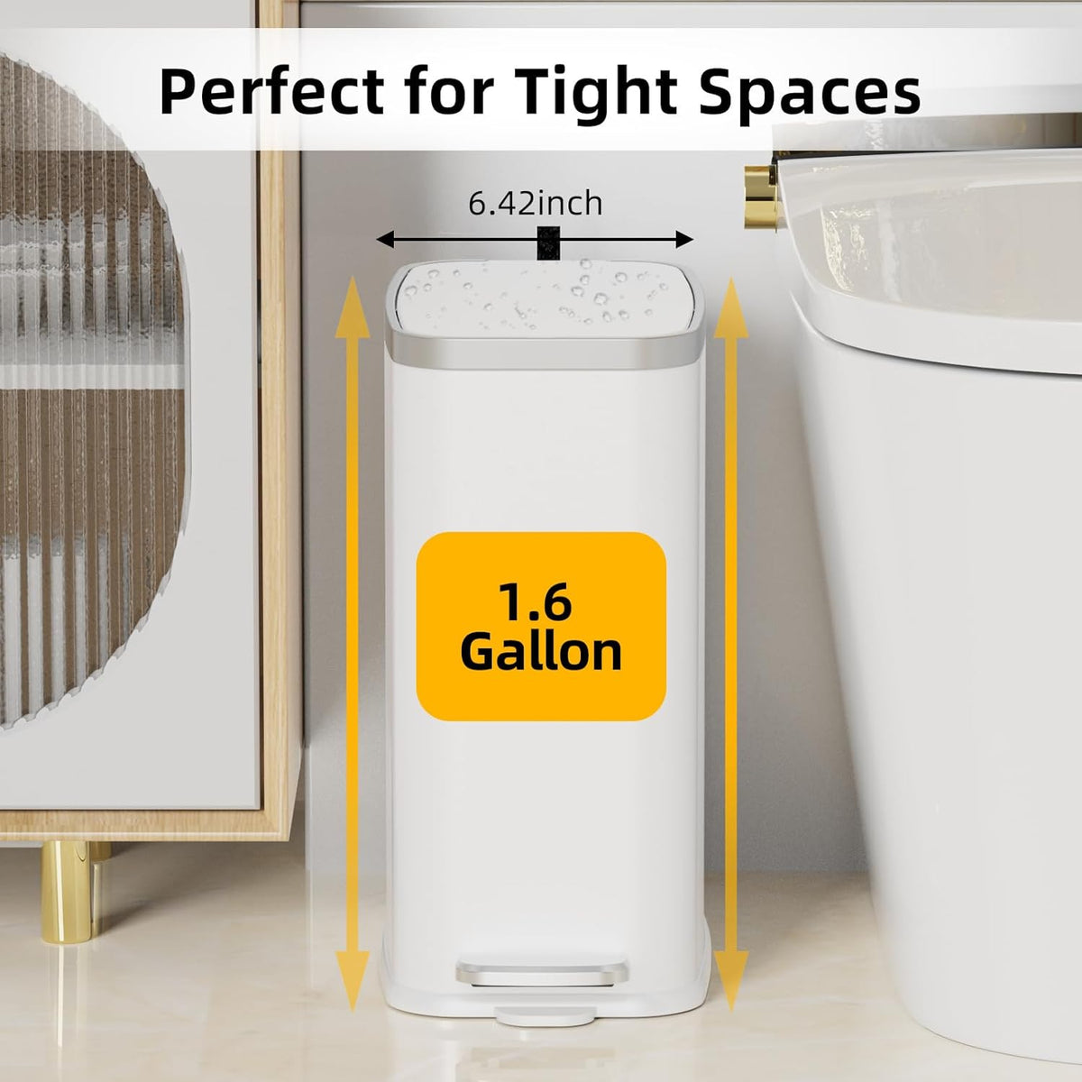 Stainless Steel Bathroom Trash Can with Lid Soft Close,1.6 Gallon Slim Garbage can,Small Metal Step