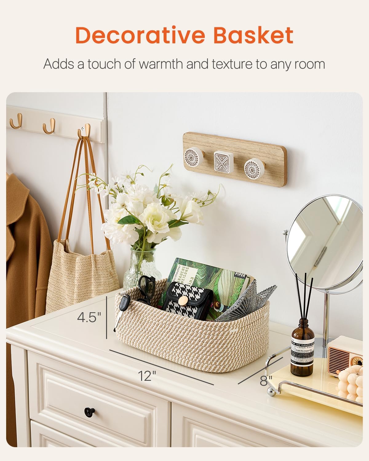Small Woven Basket, 12 x 8 x 4.5 Inches, Storage Basket for Organizing, Cute Small Rope Shelf