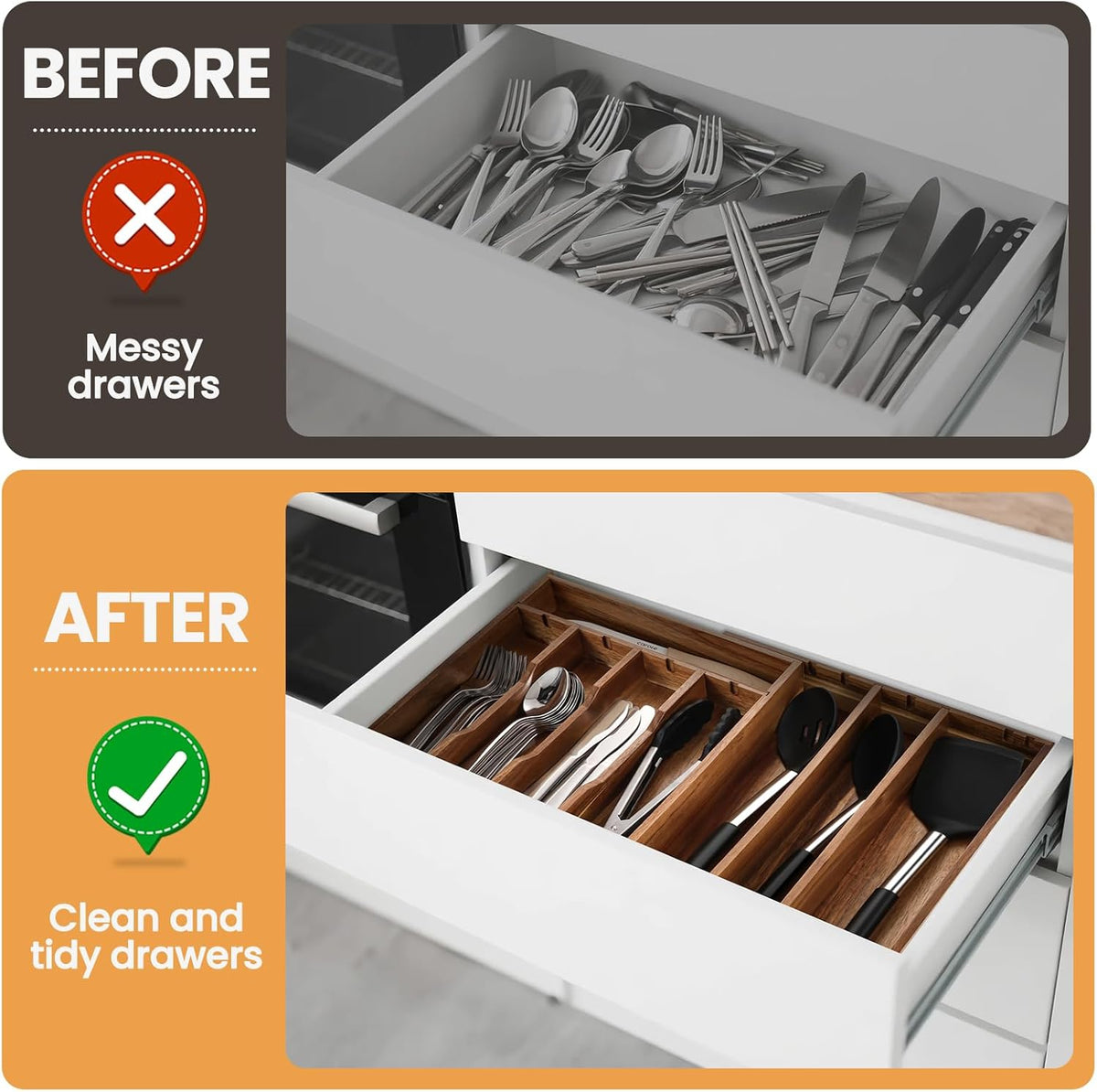 Acacia Wood Silverware Drawer Organizer, 21 Inch Adjustable Cutlery Tray for Kitchen Utensils