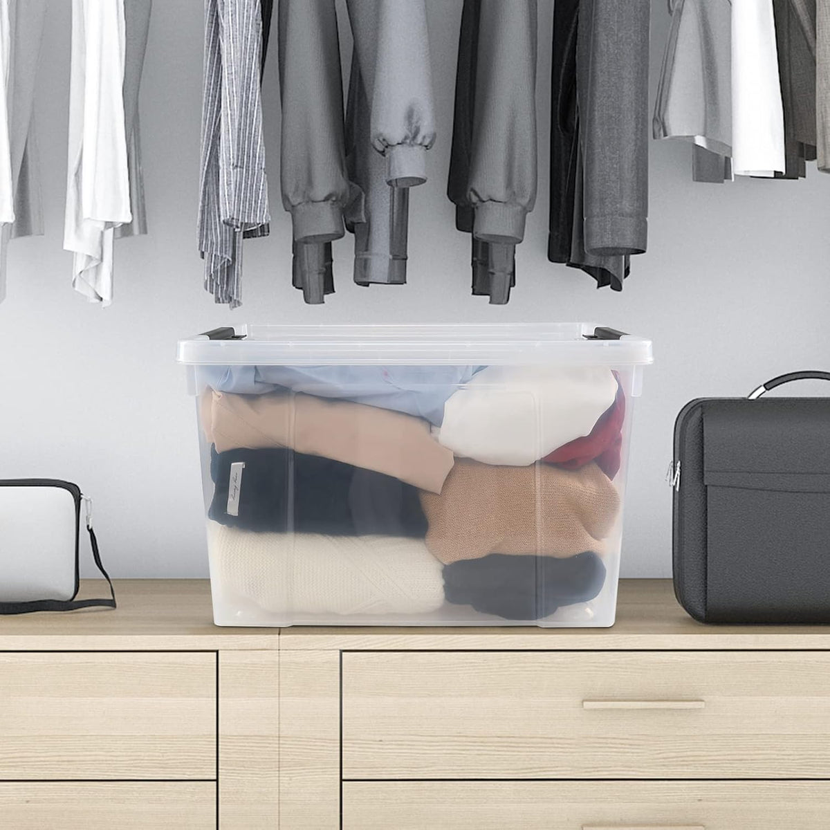 4 Pack Clear Storage Latch Bin with Lid, 34 L Plastic Wheeled Storage Box