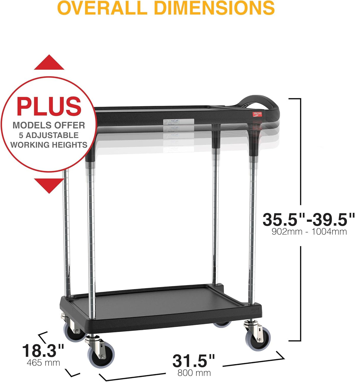 Metro myCart Plus Utility Cart - Choose-Your-Height Adjustable Heavy Duty Rolling Cart for Home