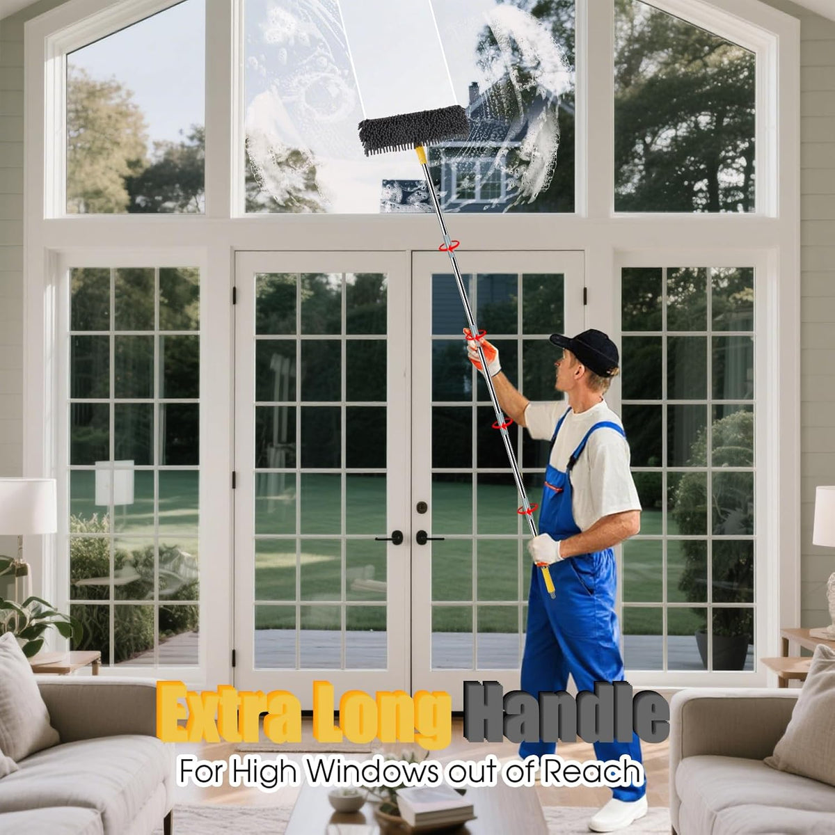 81" Long Handle Window Cleaner Tool Squeegee with Extension Pole, 2 in 1 Large Surface Window
