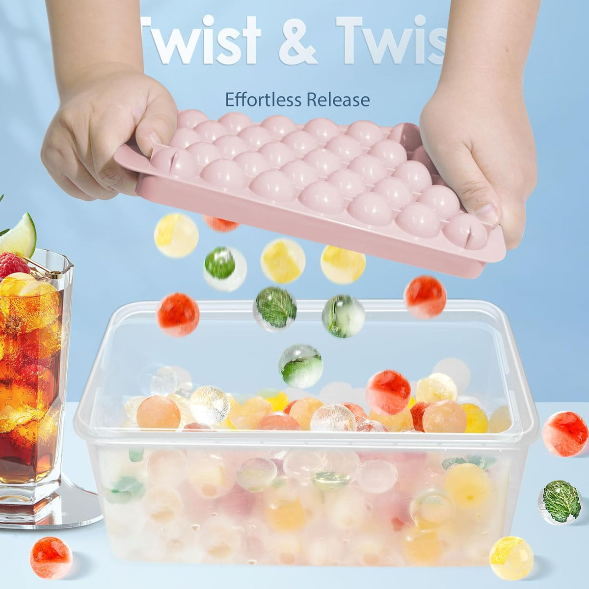 WIBIMEN Ice Cube Tray with Lid and Bin - Round Ice Trays for Freezer with Lid - Ice Cube Trays for