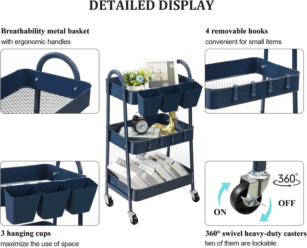 danpinera 3-Tier Rolling Cart, Metal Rolling Storage Cart with Lockable Wheels & Hanging Cups &