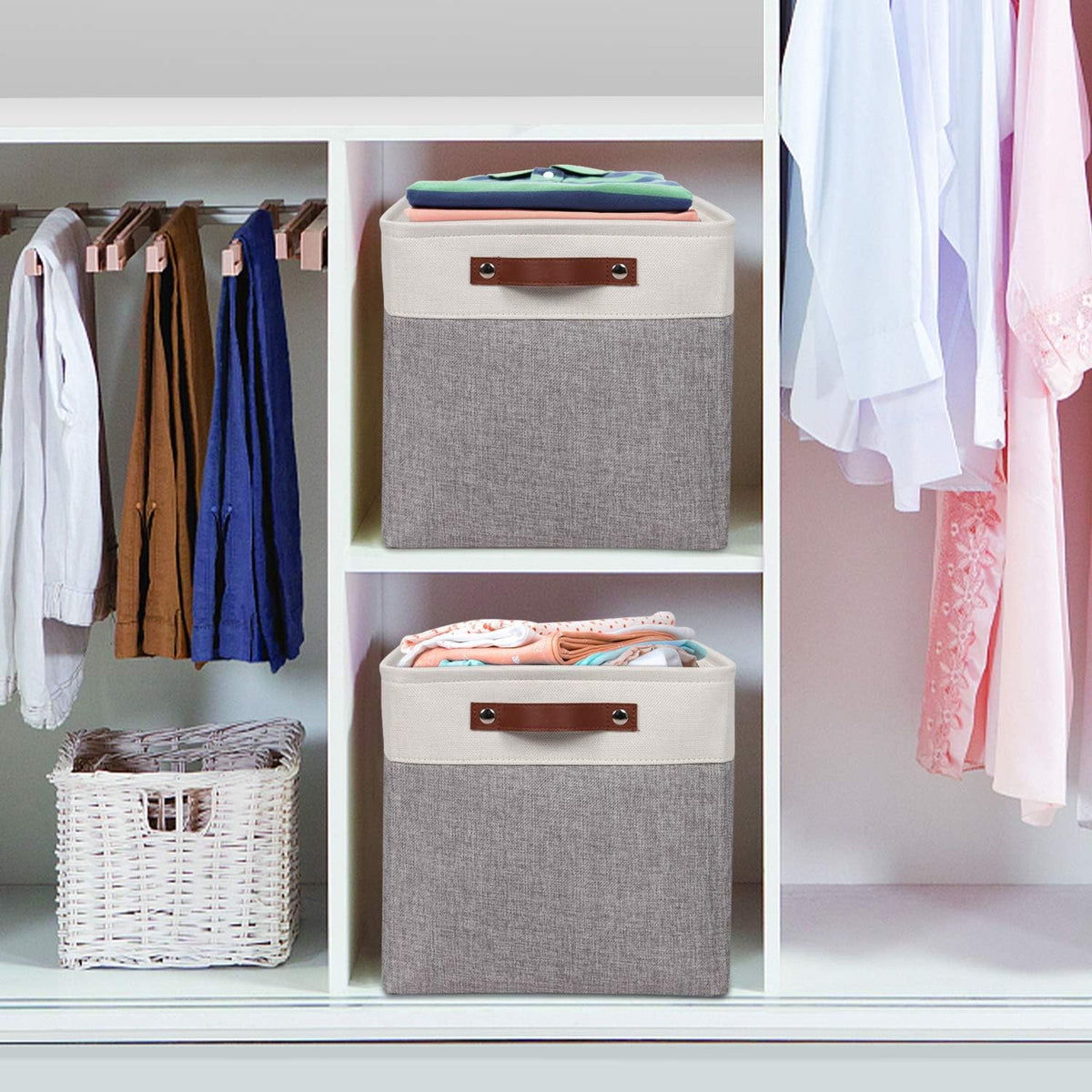 Univivi 10.5 Inch Fabric Cube Bins with Hard Bottom, 4 Pack Storage Baskets with PU Handles for