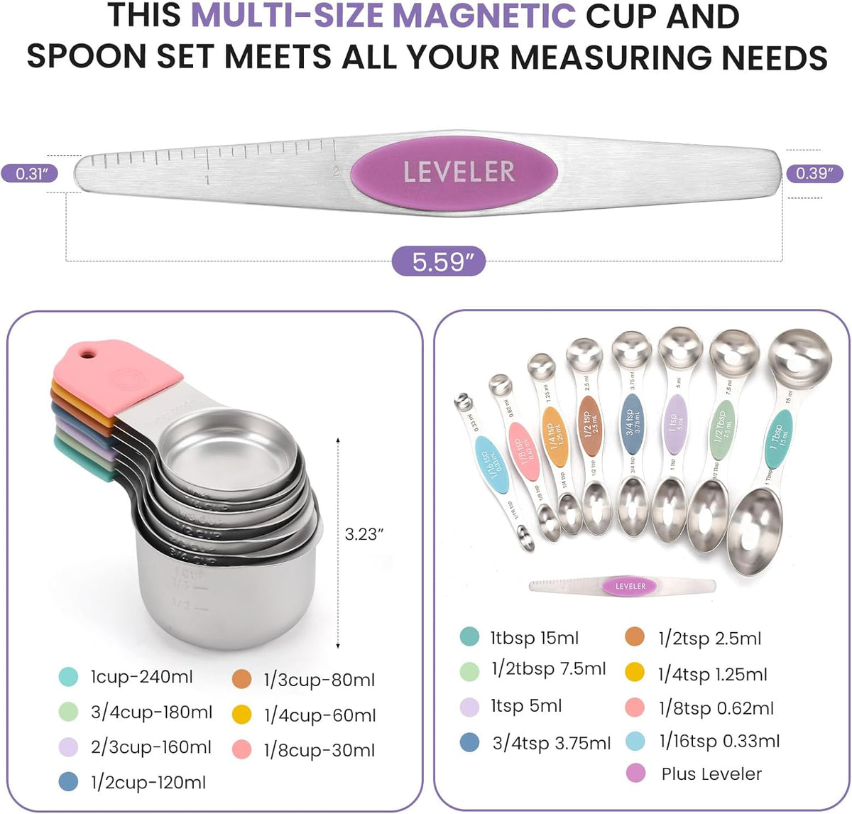 Magnetic Measuring Cups and Spoons Set-Heavy Duty 304 Stainless Steel，Double Measurement