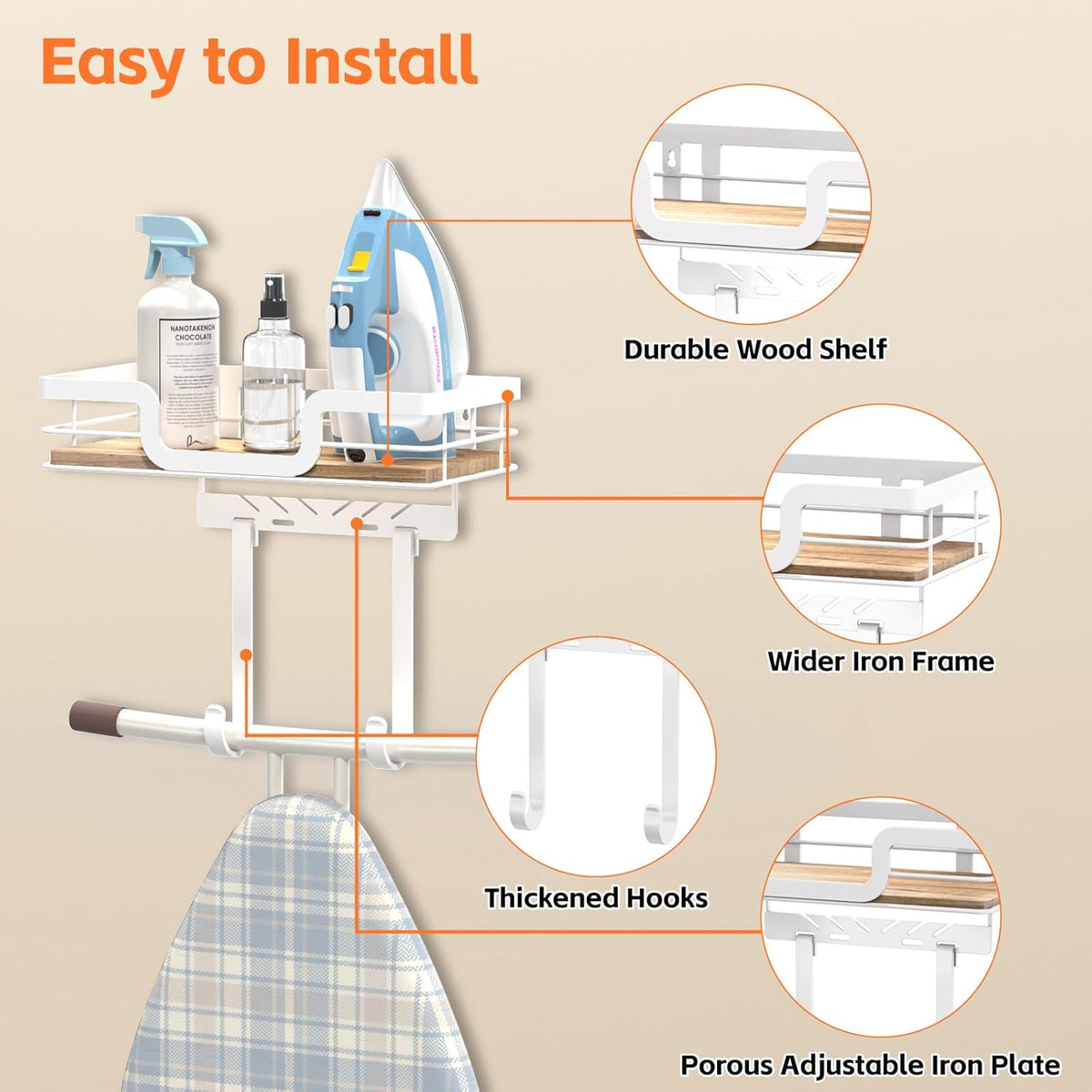 Ironing Board Holder Wall Mount, Laundry Room Organization Storage, White, T&V Shaped Space Saving