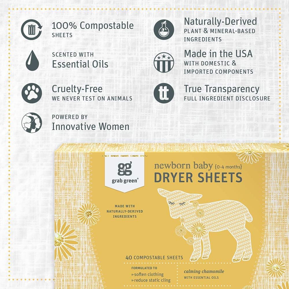 Grab Green Newborn Baby Dryer Sheets, 120 Sheets, Chamomile Scent, Plant and Mineral Based