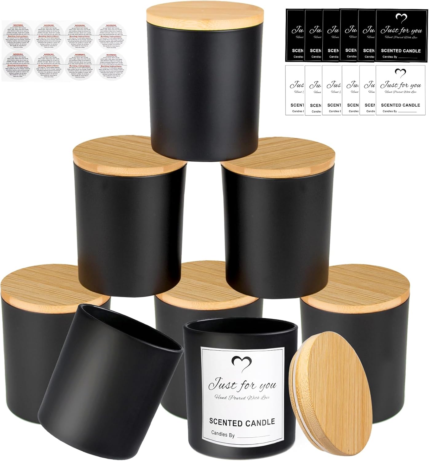 CONNOO 8 Pack 14 OZ Empty Black Glass Candle Jars for Making Candles with Bamboo Lids and Sticky