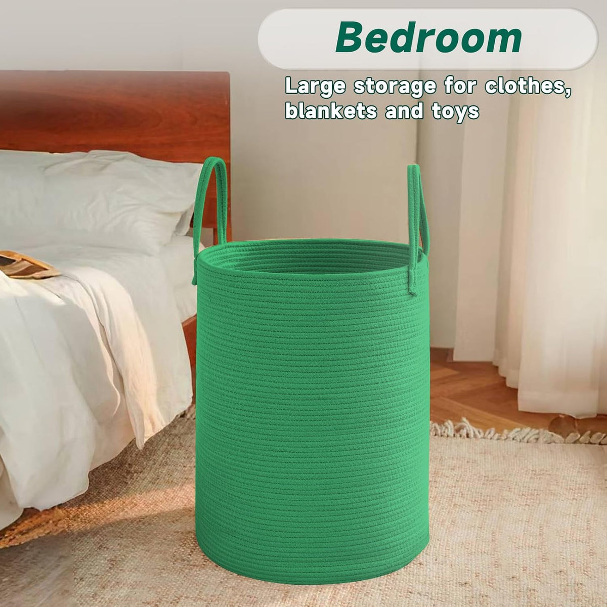 Large Woven Laundry Basket Hamper,60L Cotton Rope Storage Bin for Blankets,Toys and