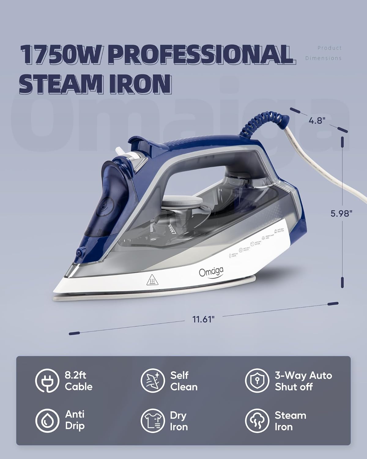 Steam Iron for clothes - 1750W Clothes Iron with Non-Stick Ceramic Soleplate, Powful Steam, 3-Way