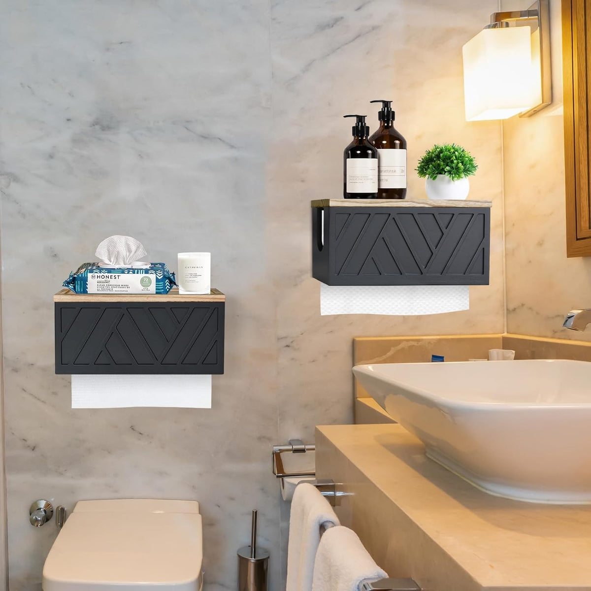 Set of 2 Paper Towel Dispenser Wall Mount, Paper Towel Holder Wall Mounted with Lid, Solid Wood