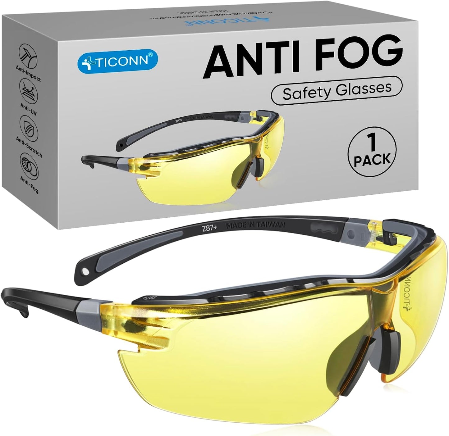 TICONN Anti-Fog Safety Glasses for Men and Women, ANSI Z87.1 Scratch Proof Eye Goggles with