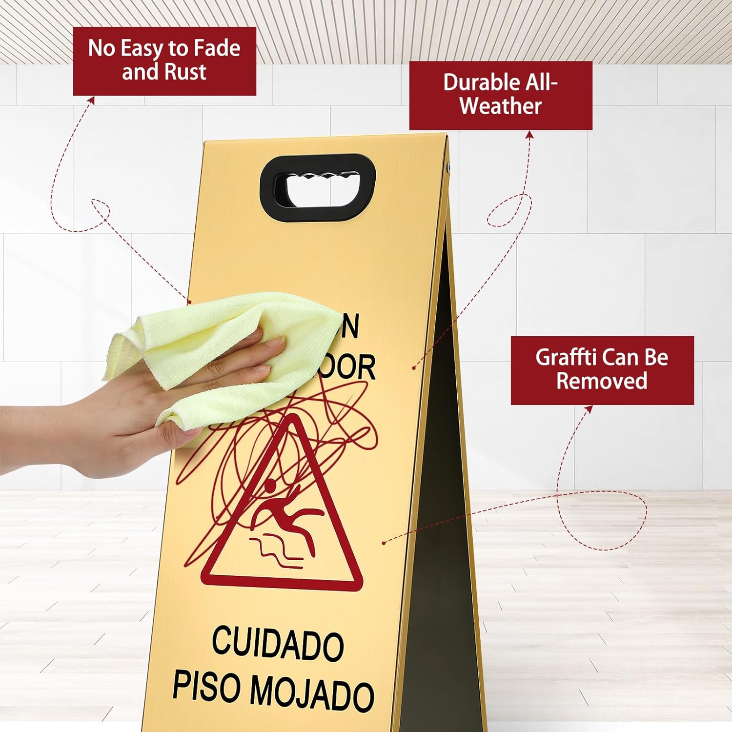 2 Pcs 24 Inch Stainless Steel Wet Floor Sign, Heavy Duty Caution Wet Floor Sign Double Sided