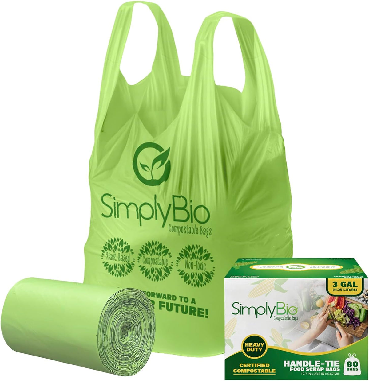 Simply Bio 3 Gallon Compostable Trash Bags Liners with Handle-Tie, Thick 0.67 Mil, 11.36 Liter, 80