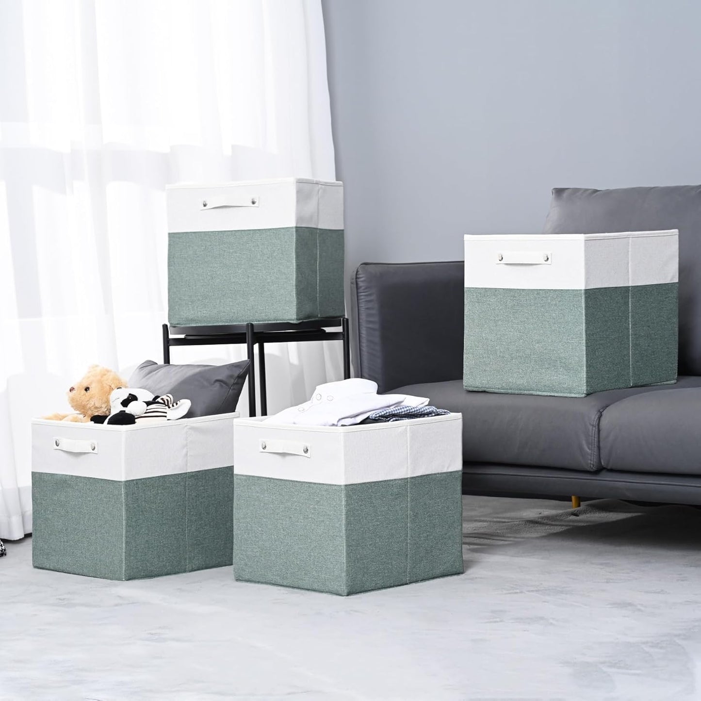 13 x 13 Inch Fine Linen Storage Bins with Handles，Fabric Cube Boxs，Collapsible Basket Organizers