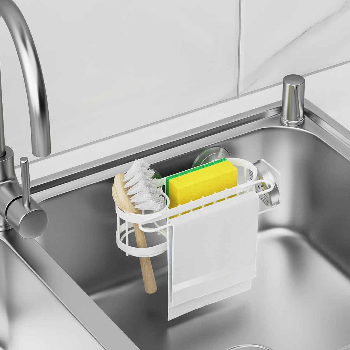 Cisily Kitchen Sink Caddy Sponge Holder in The Sink, Stainless Steel Kitchen Sink Organizer, Brush